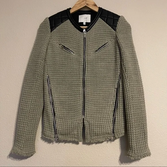 IRO Taupe Ceylona Knit Jacket with Leather Trim Blazer - Picture 2 of 11